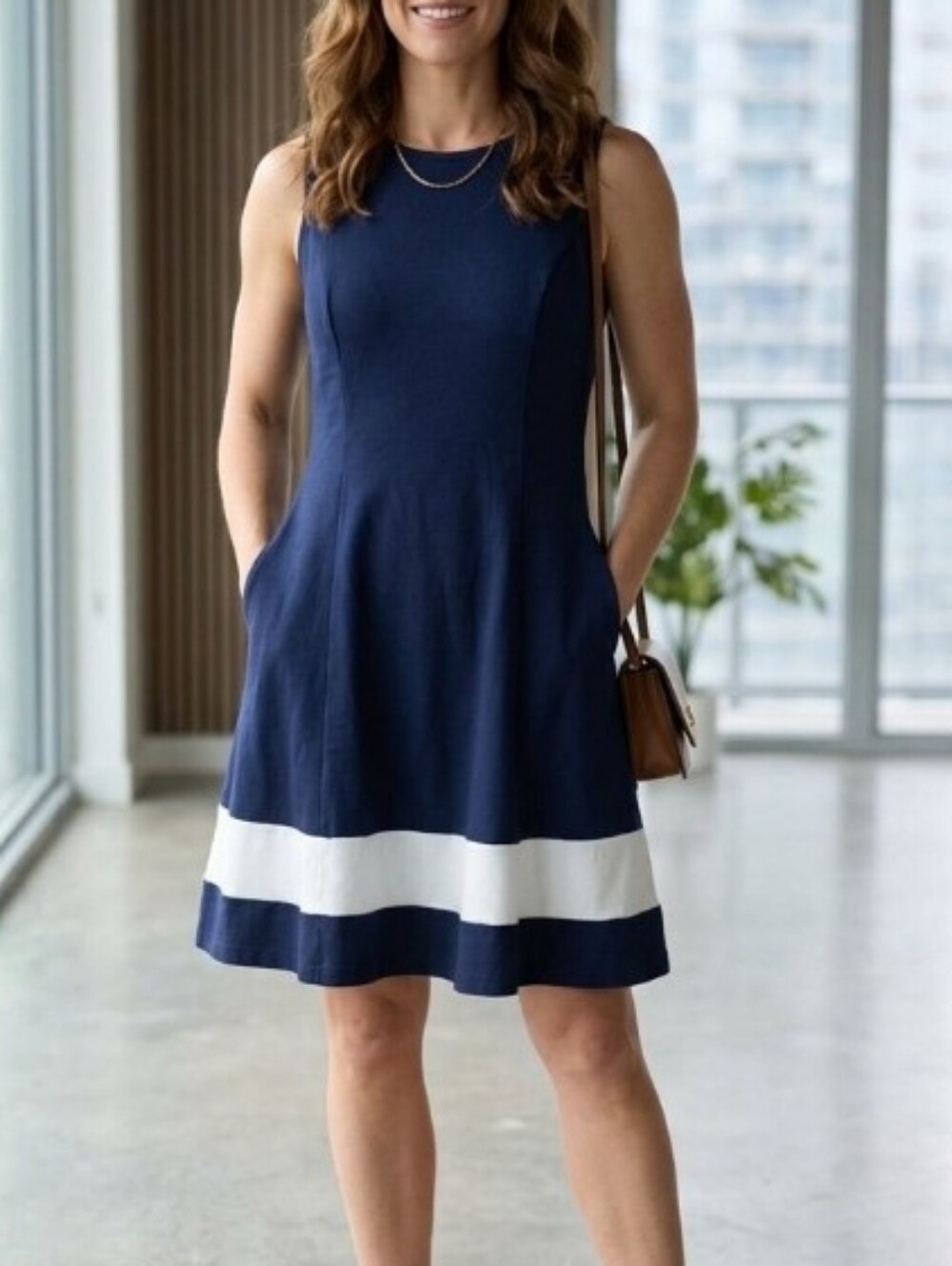 New York & Company Fit & Flare Sleeveless Navy & White Dress Size S